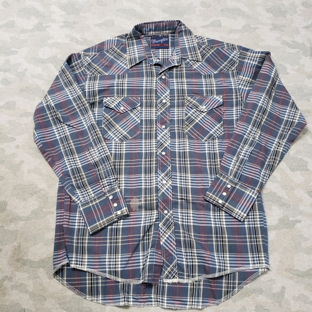 Vintage Wrangler Western Shirt Mens 16-34 Blue Plaid Pearl Snap Long Sleeve